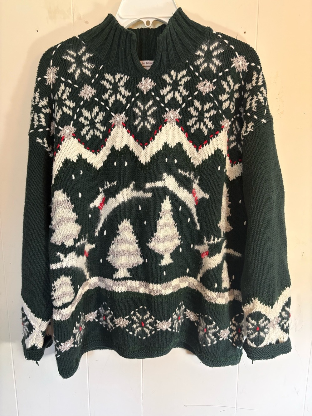 VTG 80s Hand Knit Lauren Hansen Reindeer Ski Sweater Green Rare Ramie/Cotton L